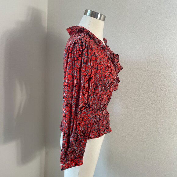 Maje Womens Small Red Gray Leopard Print Wrap Top With Ruffle Details - Picture 7 of 8
